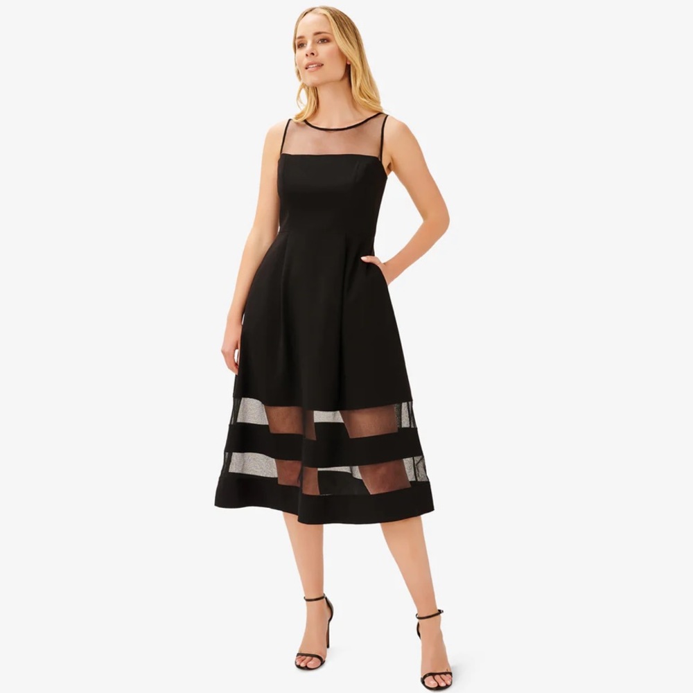 ADRIANNA PAPELL CREPE AND MESH ILLUSION MIDI FIT-FLARE COCKTAIL DRESS IN BLACK